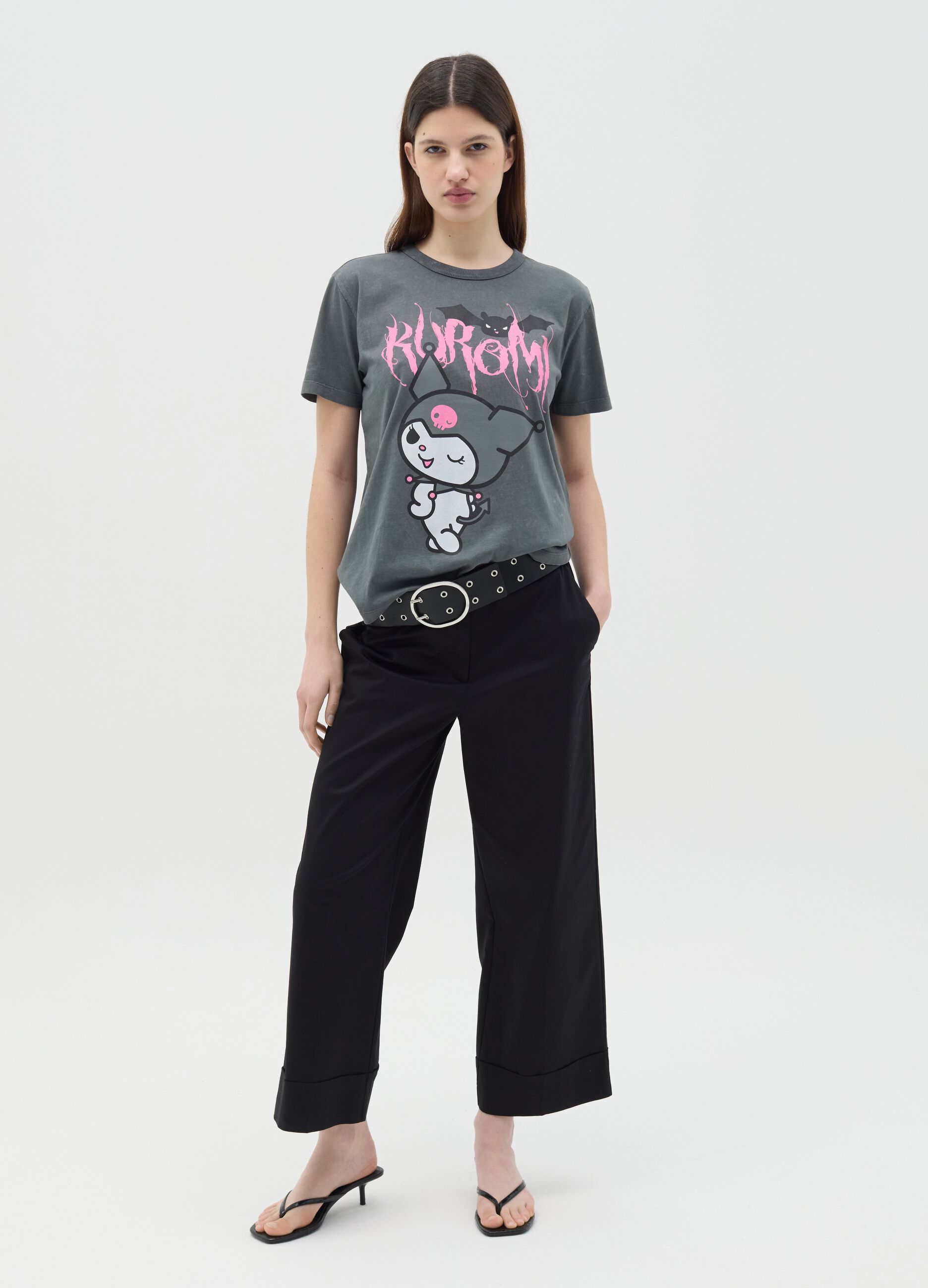 Black cotton T-shirt with Kuromi print