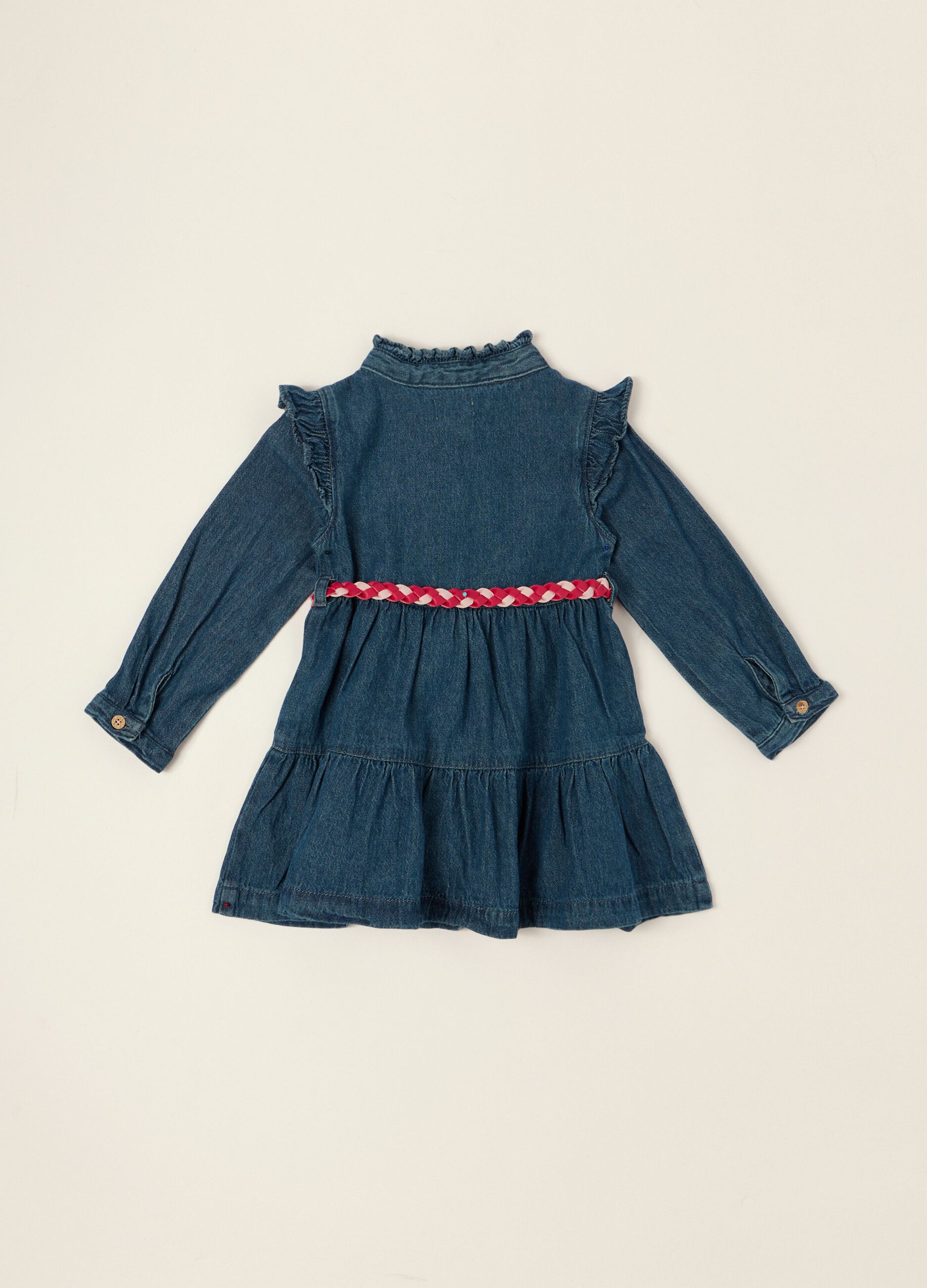 Baby girls&rsquo; pure cotton denim dress with cherry embroidery