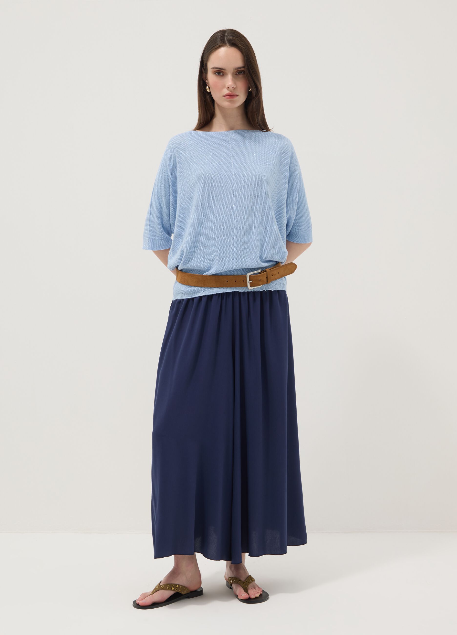 Wide blue pure-viscose trousers with elasticated waist, regular fit