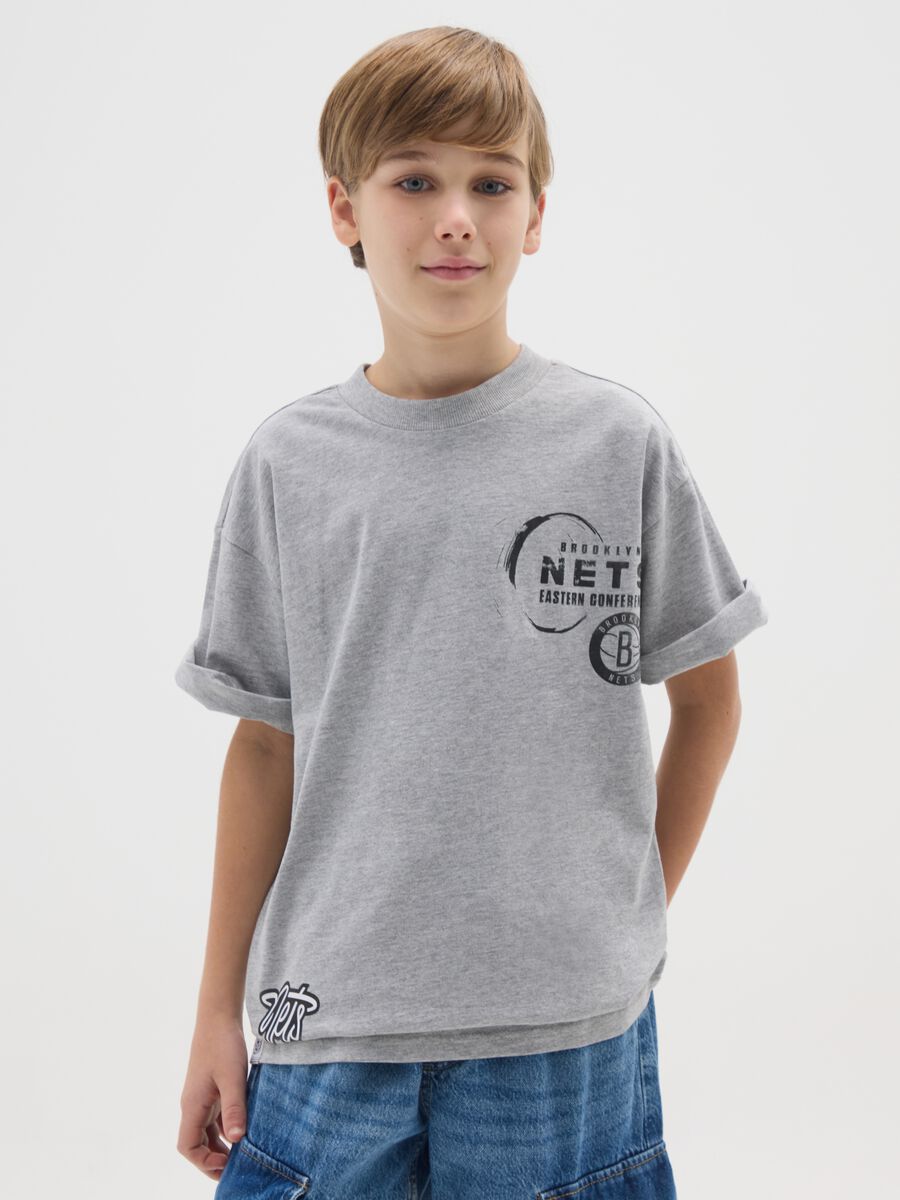 Grey cotton boy's t-shirt with Nets logo_0