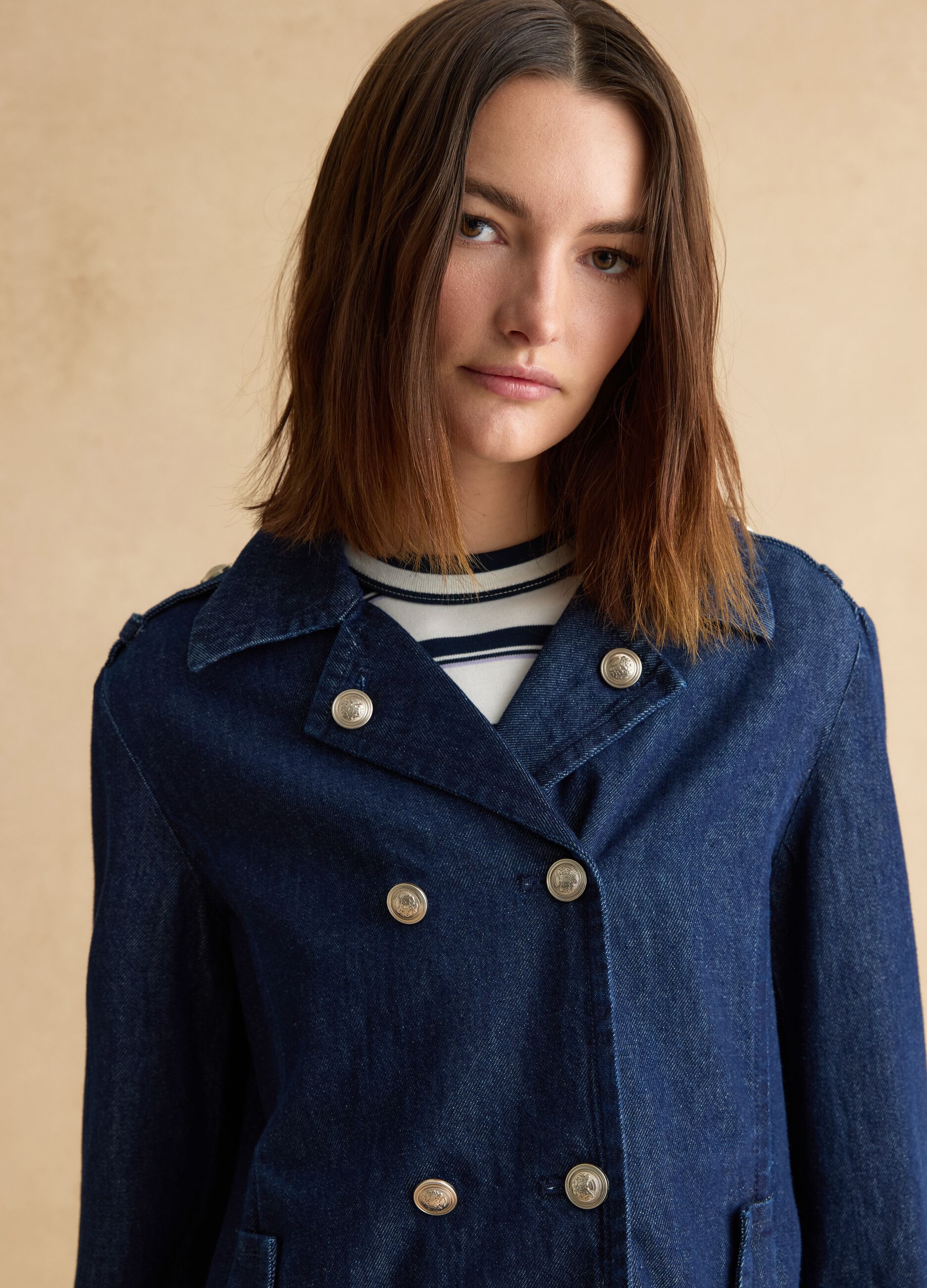 Blue denim pure cotton regular fit jacket with gold buttons