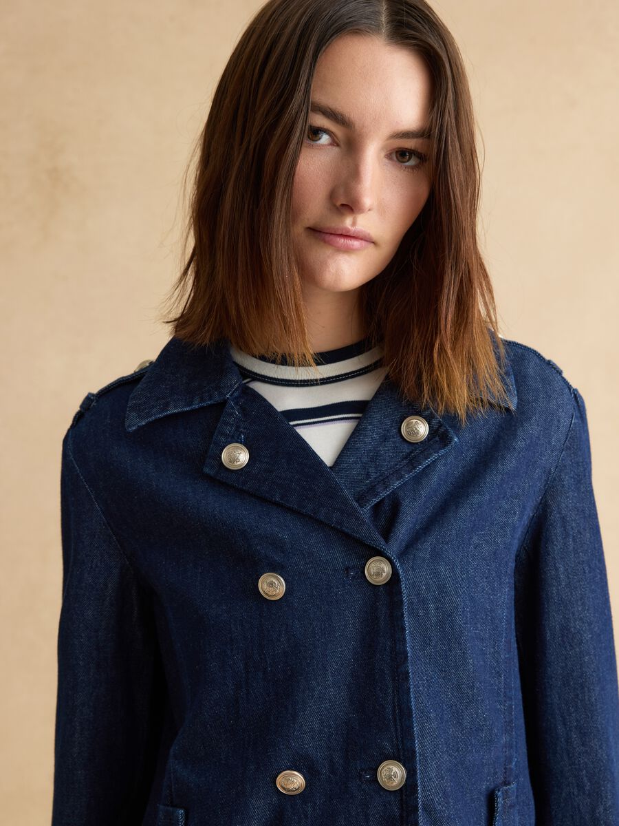 Blue denim pure cotton regular fit jacket with gold buttons_0