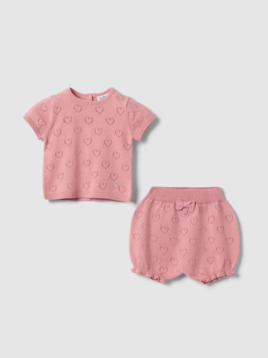 Set t-shirt shorts in puro cotone rosa da neonata con cuori_0