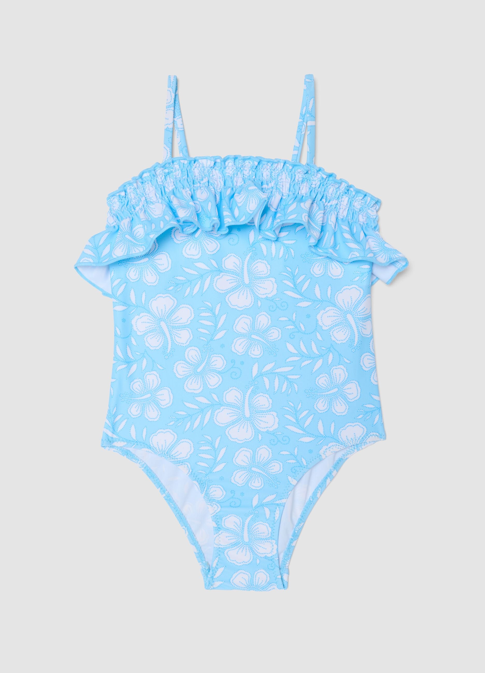 Light blue girls&rsquo; swimsuit with frills