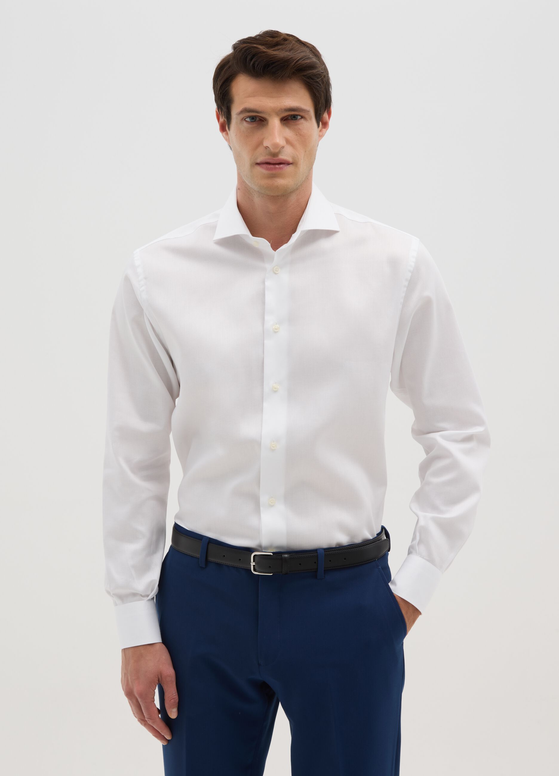 Pure cotton white shirt with French collar, regular fit