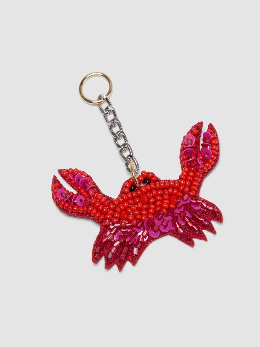 Red keyring with decorative crab and beads_1