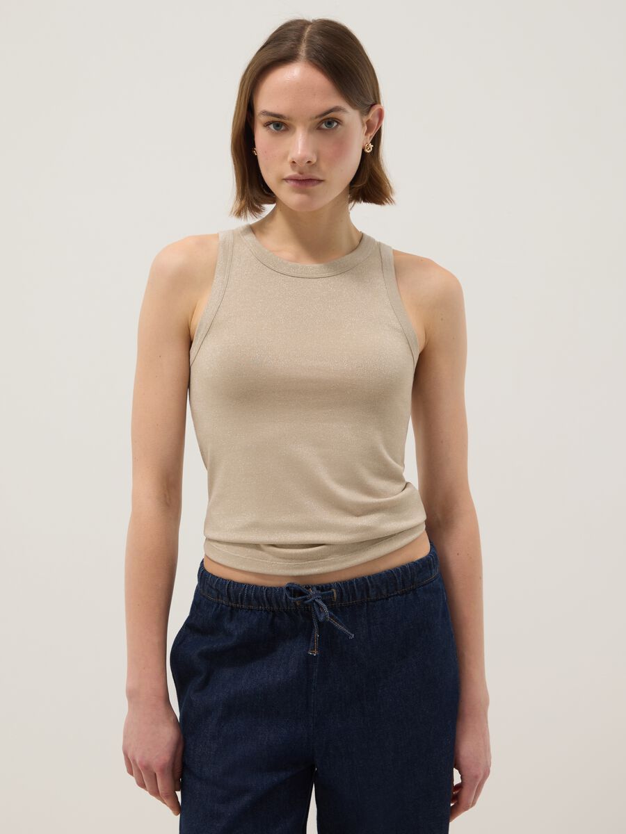 Beige glitter top with thin straps, regular fit_0