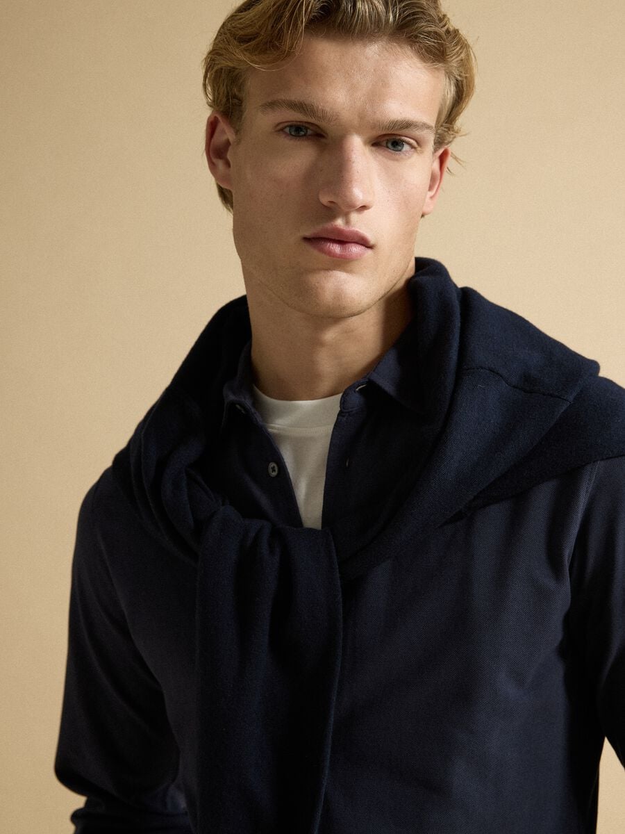 Polo piquet blu in puro cotone a maniche lunghe regular fit_0