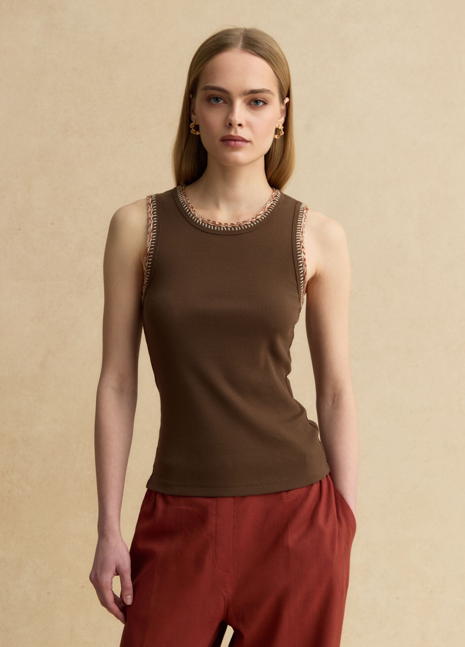 Brown Stretch Cotton Tank Top with Regular Fit and Embroidered Edges