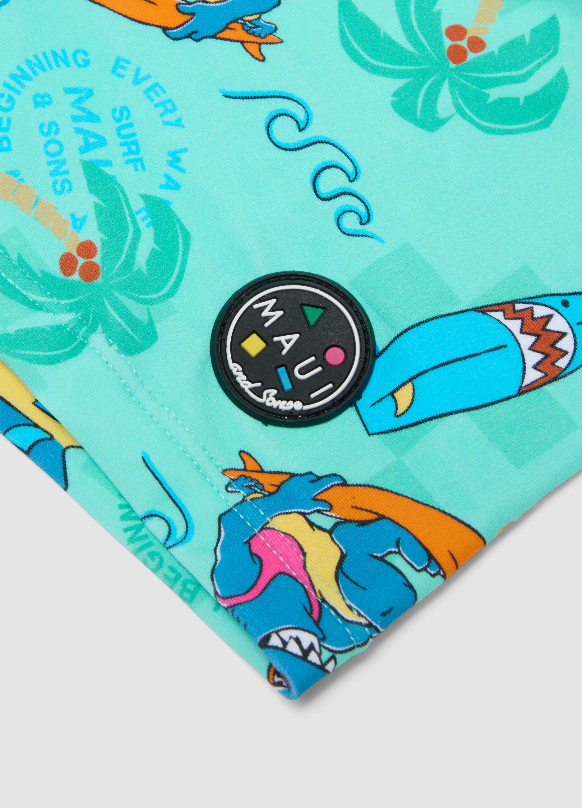 Boys&rsquo; blue stretch swim shorts with print