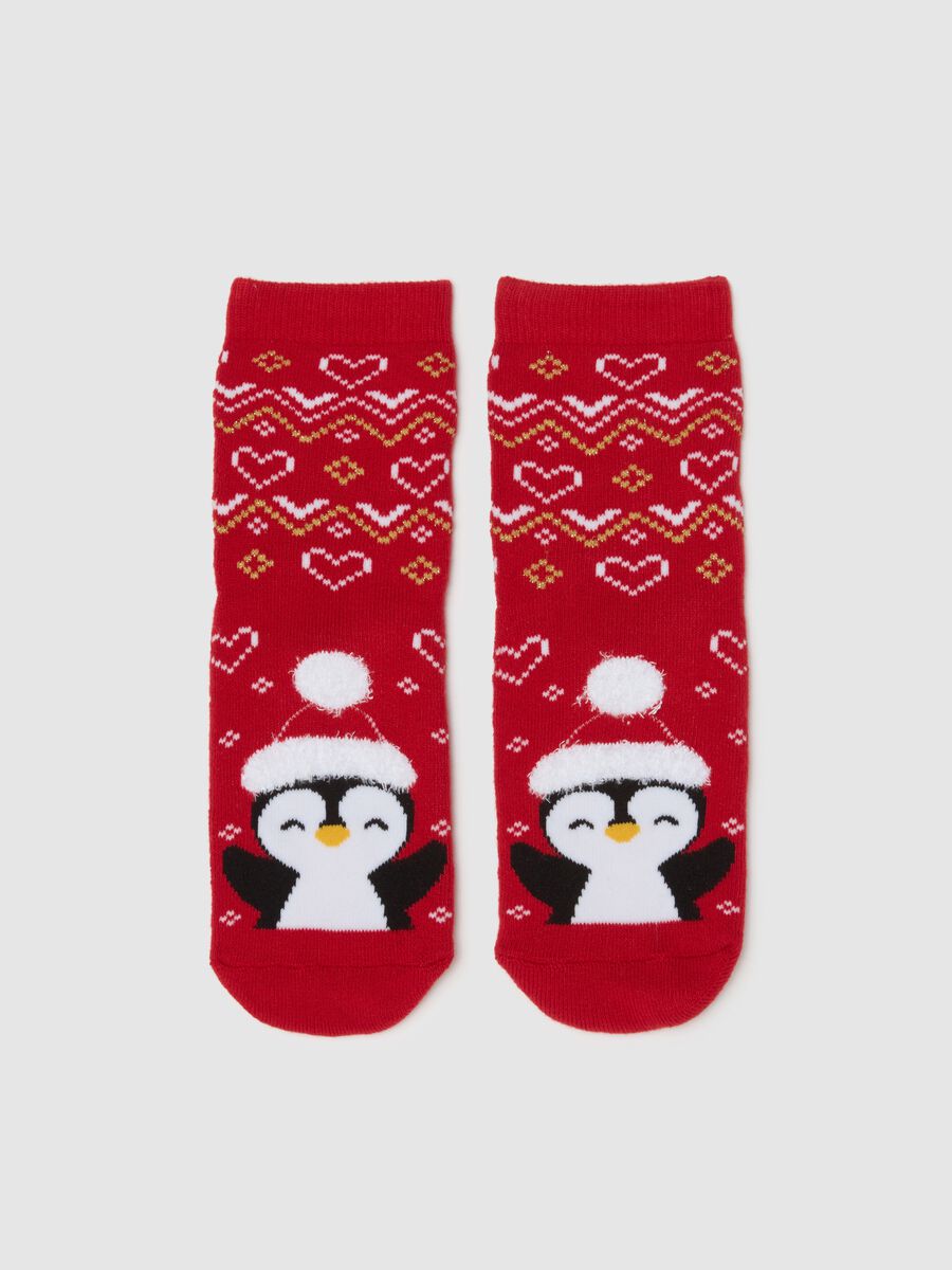 Calze antiscivolo da bambina in misto cotone rosse con stampa natalizia_1