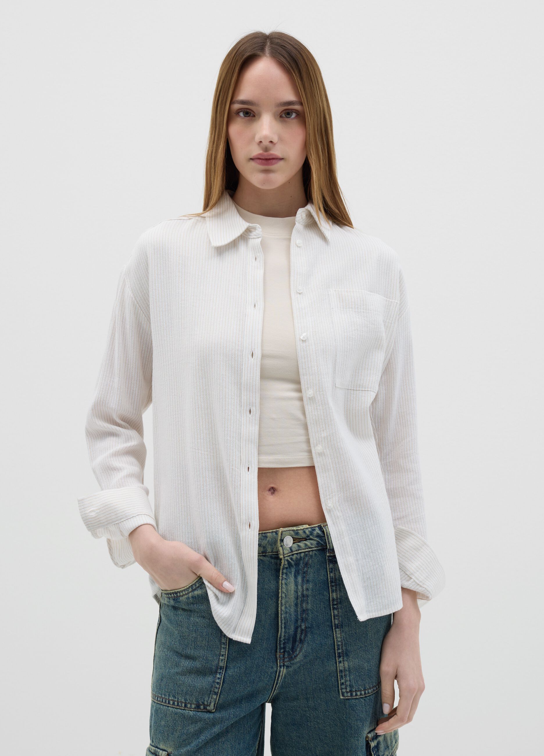 Striped beige shirt in cotton and linen