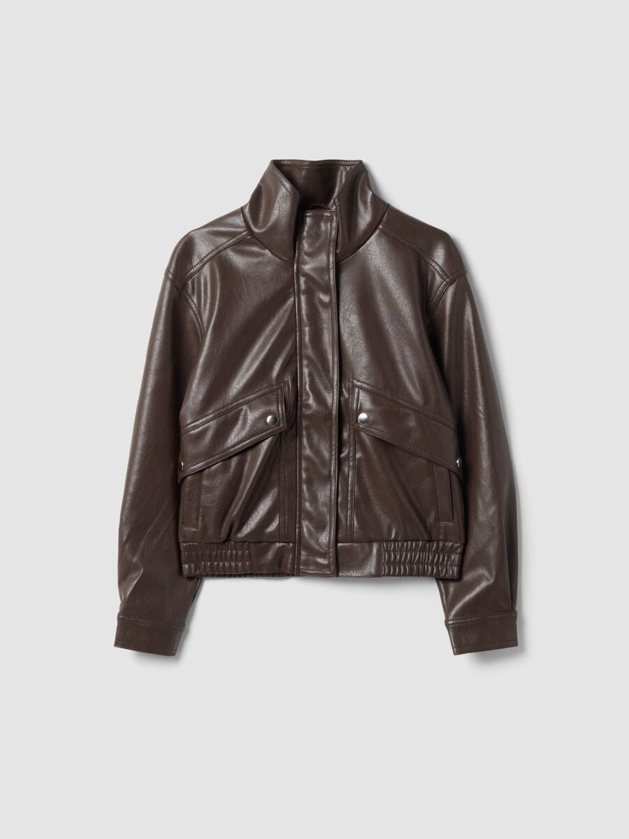 Girls&rsquo; brown jacket with zip and high neck, oversized fit_0