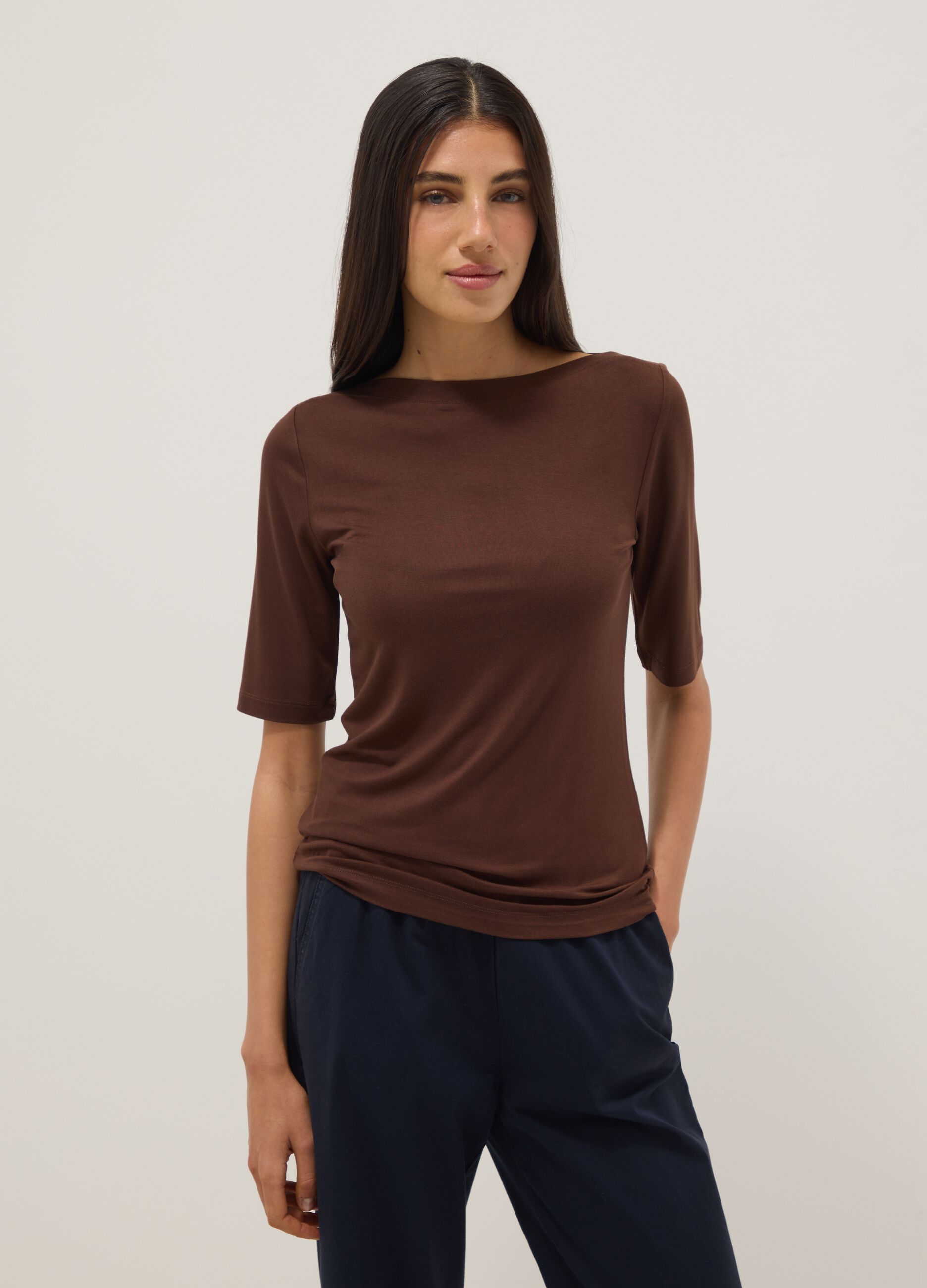 Brown stretch viscose t-shirt regular fit with boat neckline