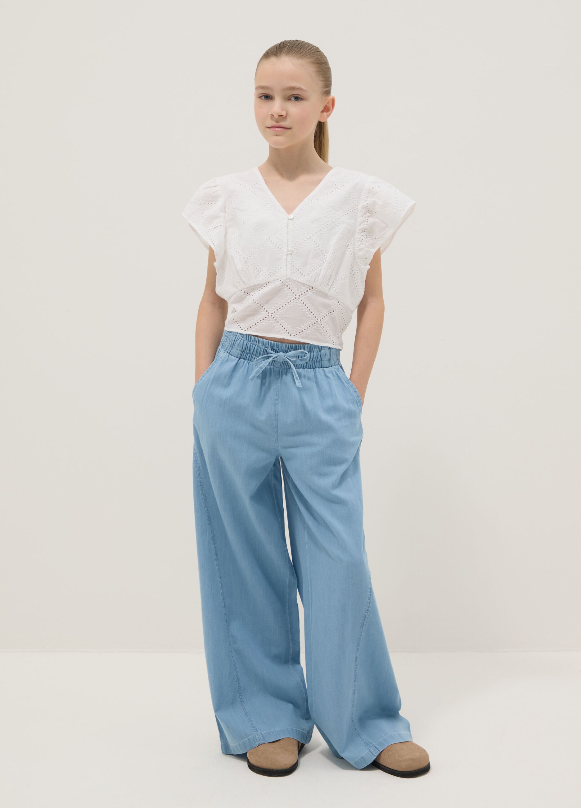 Light blue pure cotton denim wide-leg trousers for girls