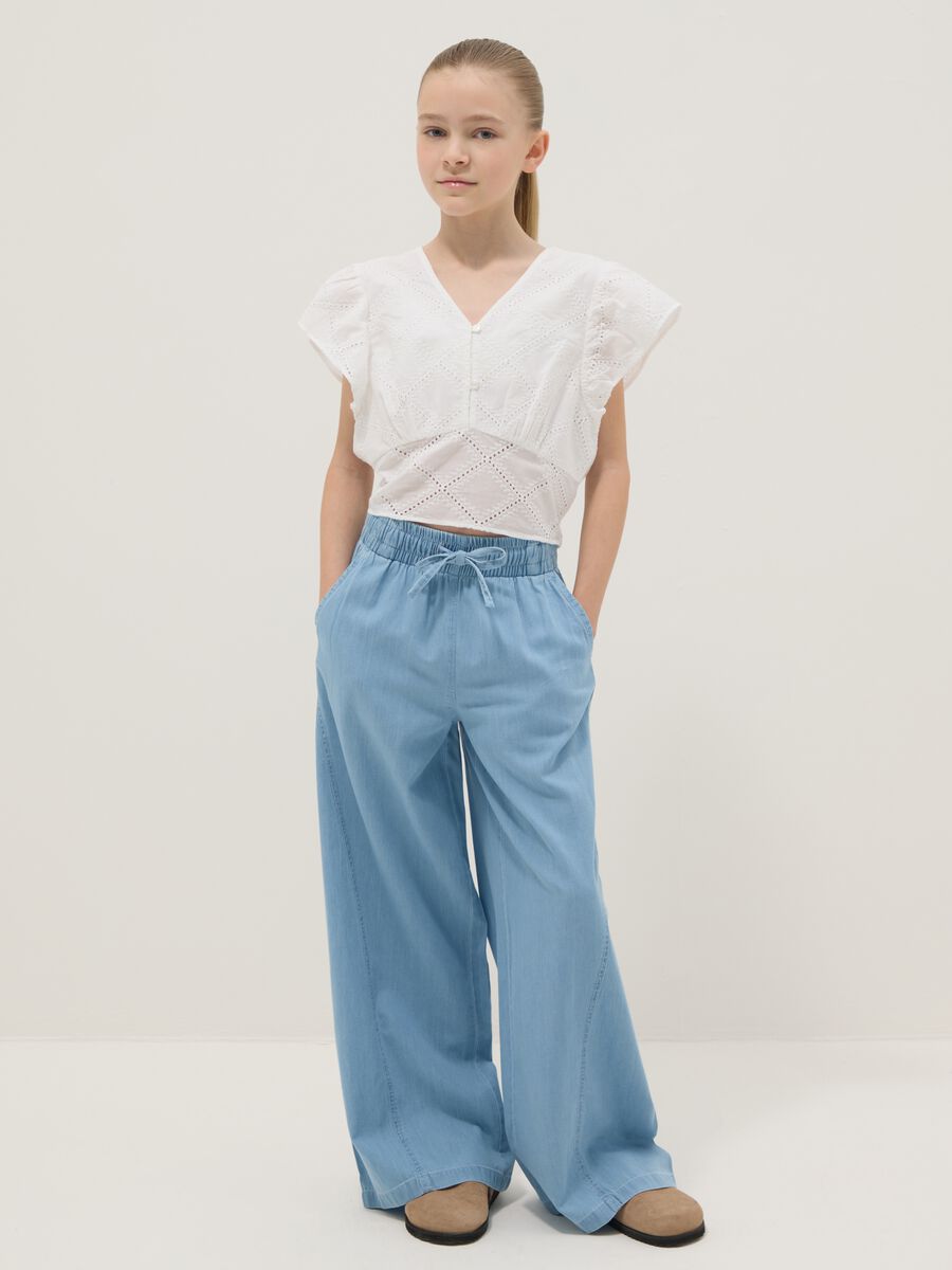 Light blue pure cotton denim wide-leg trousers for girls_0