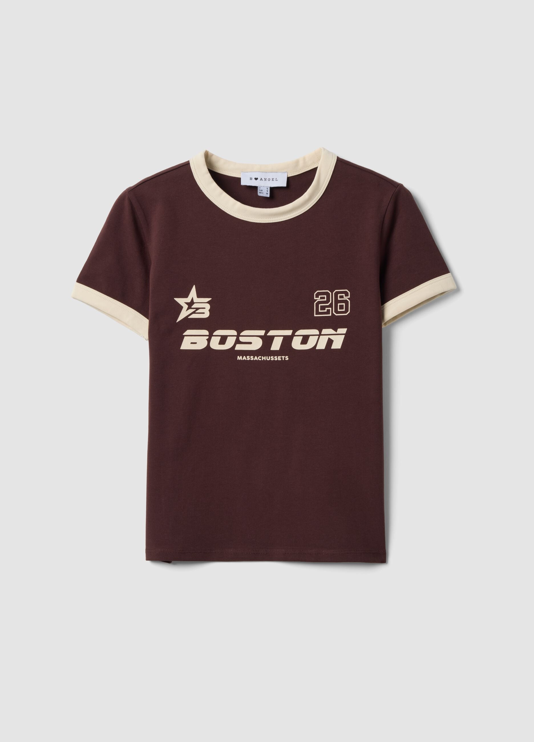 T-shirt marrone in cotone con stampa grafica frontale e bordi a contrasto