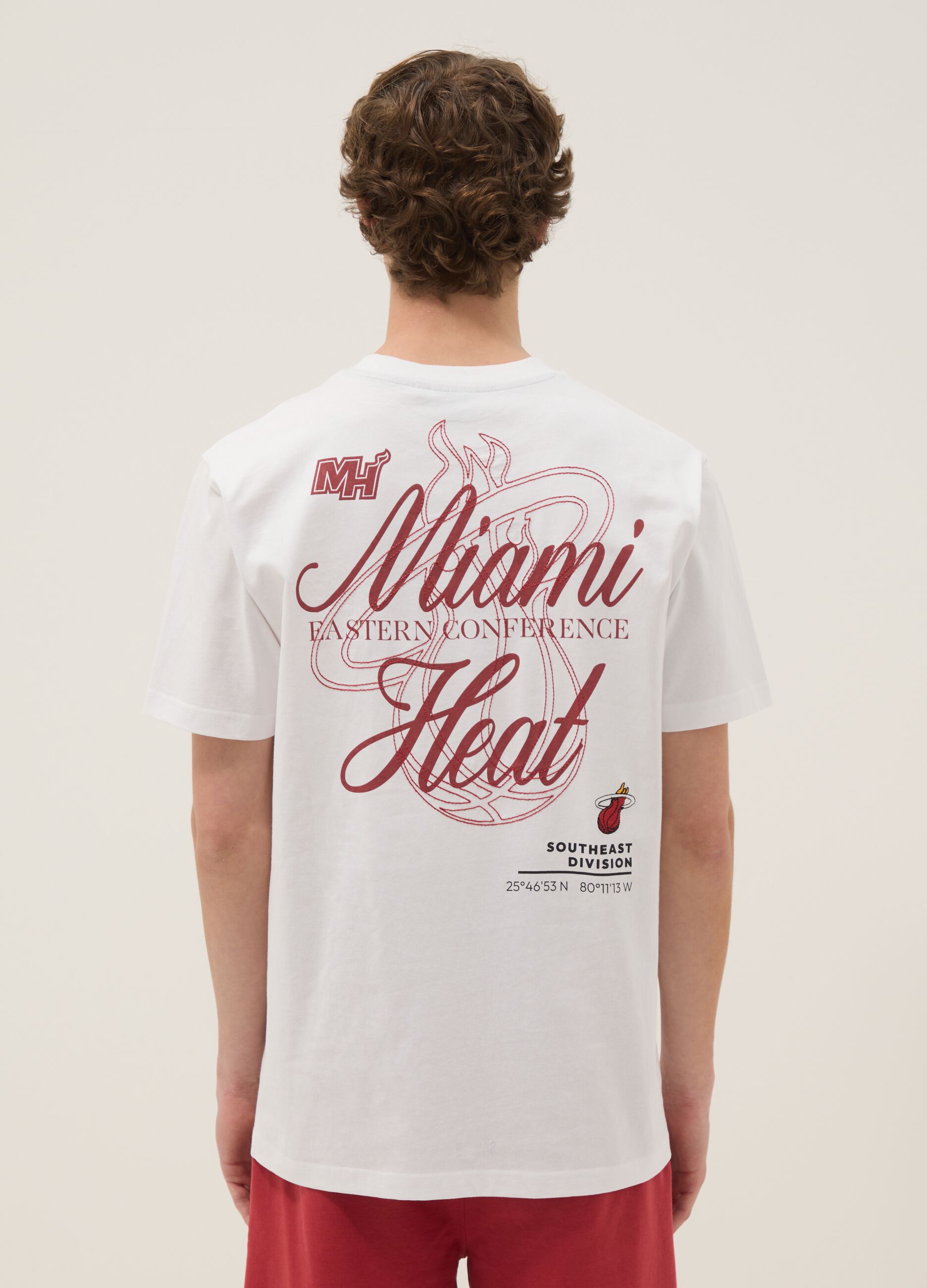 White pure cotton T-shirt with embroidered Miami Heat logo