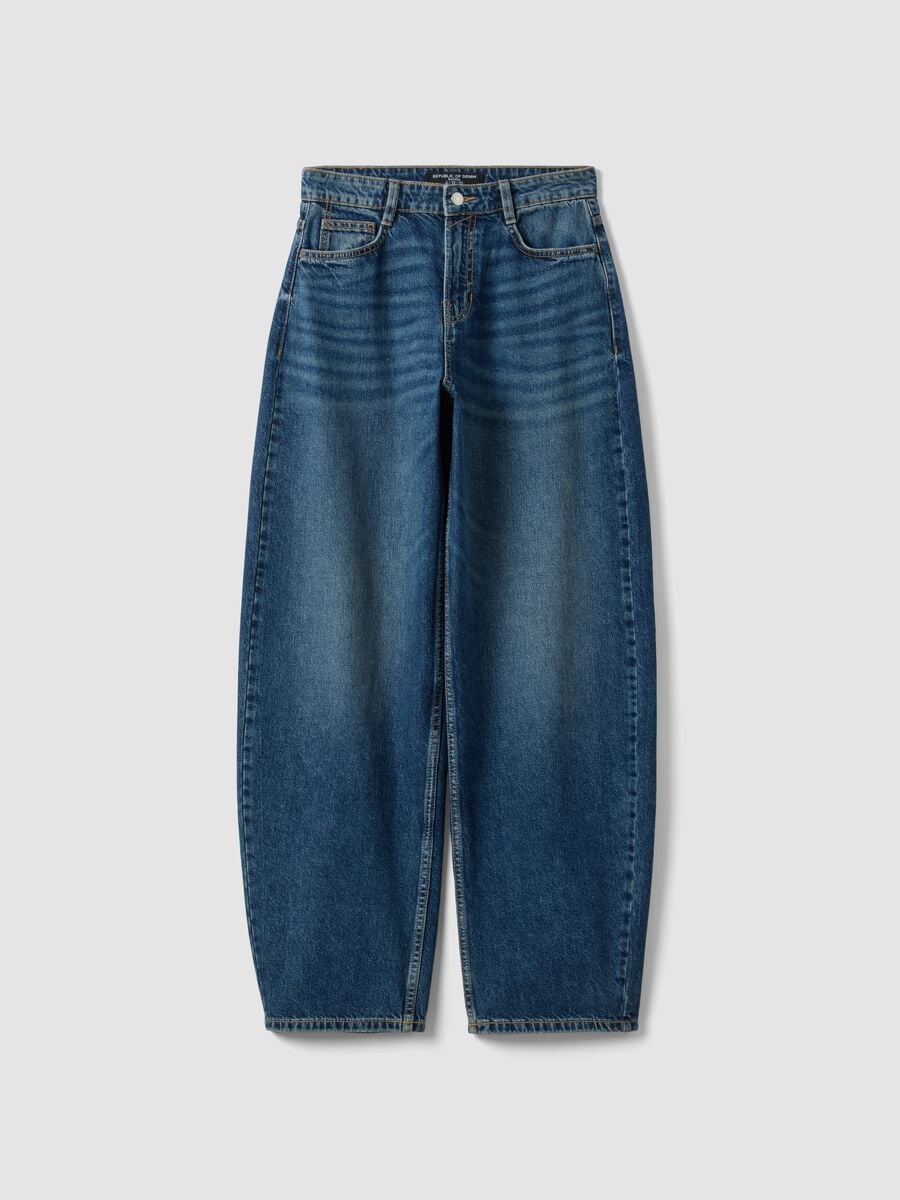 Dark blue pure cotton denim barrel-fit jeans_0