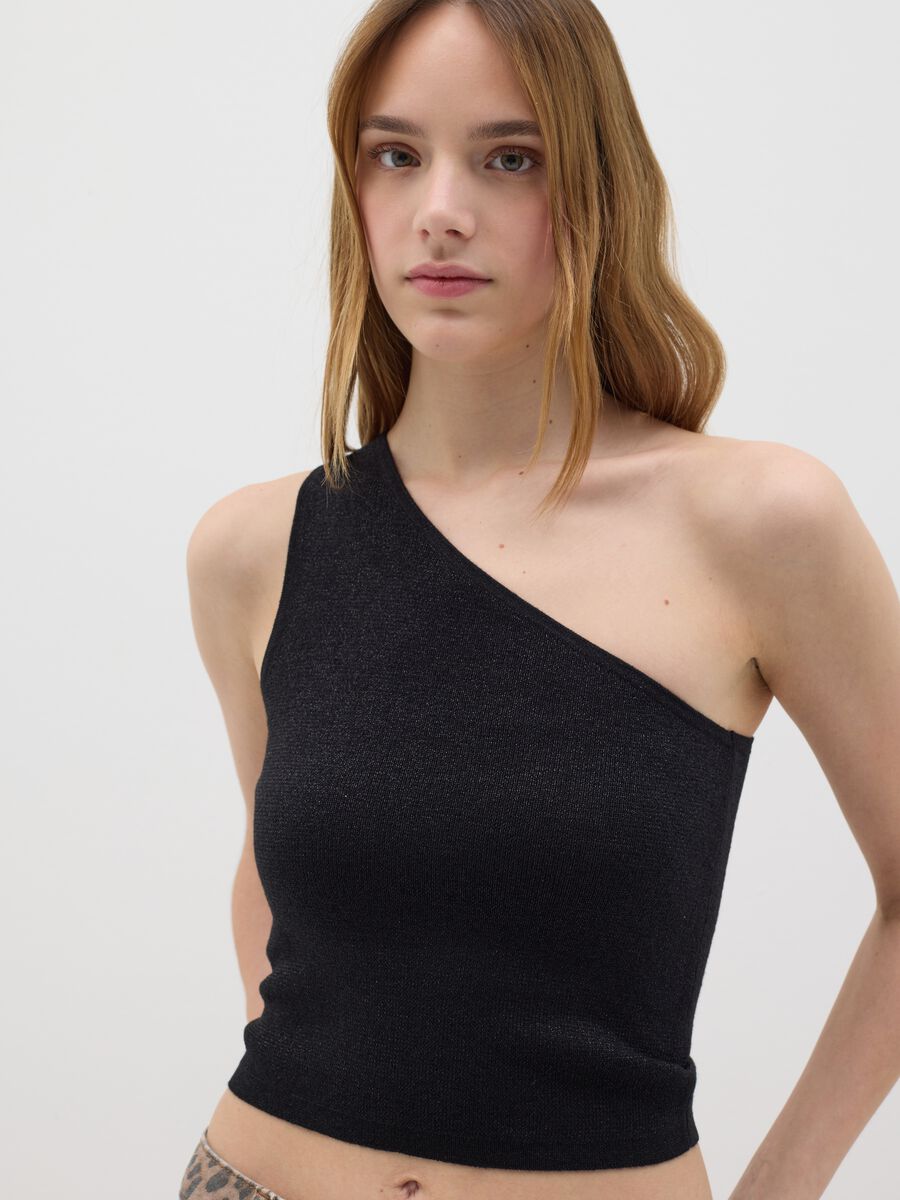 Sparkling Black One-Shoulder Top in Mixed Fabric_0