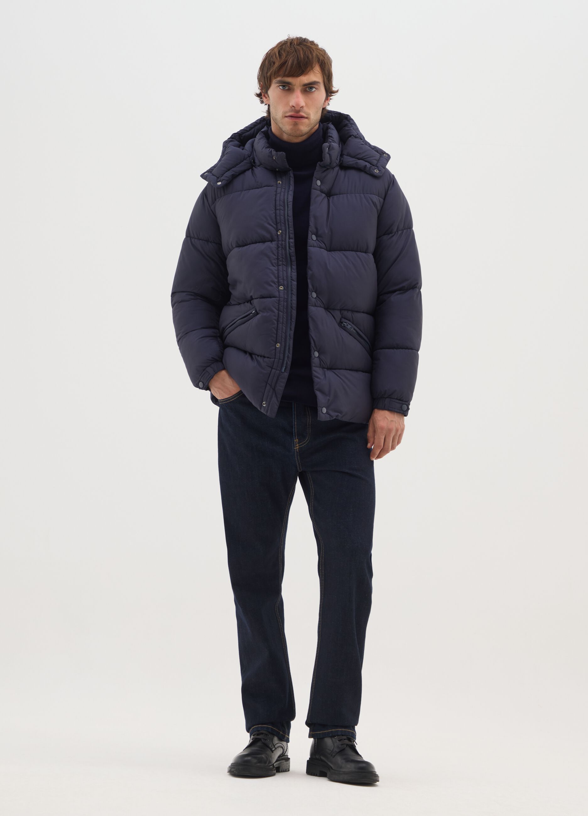 Blue padded jacket, regular fit with zip and buttons