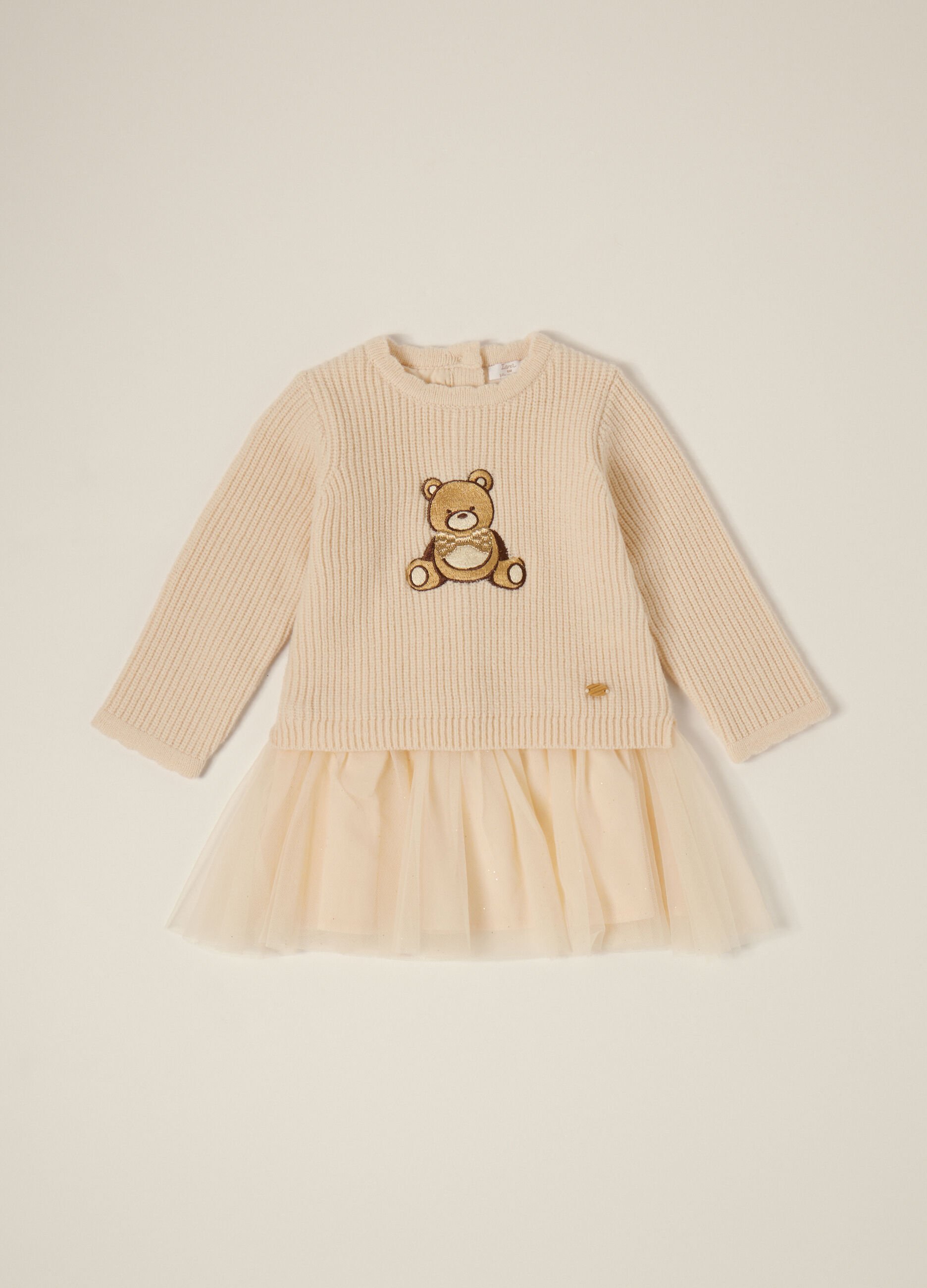 Cream band dress with bear embroidery