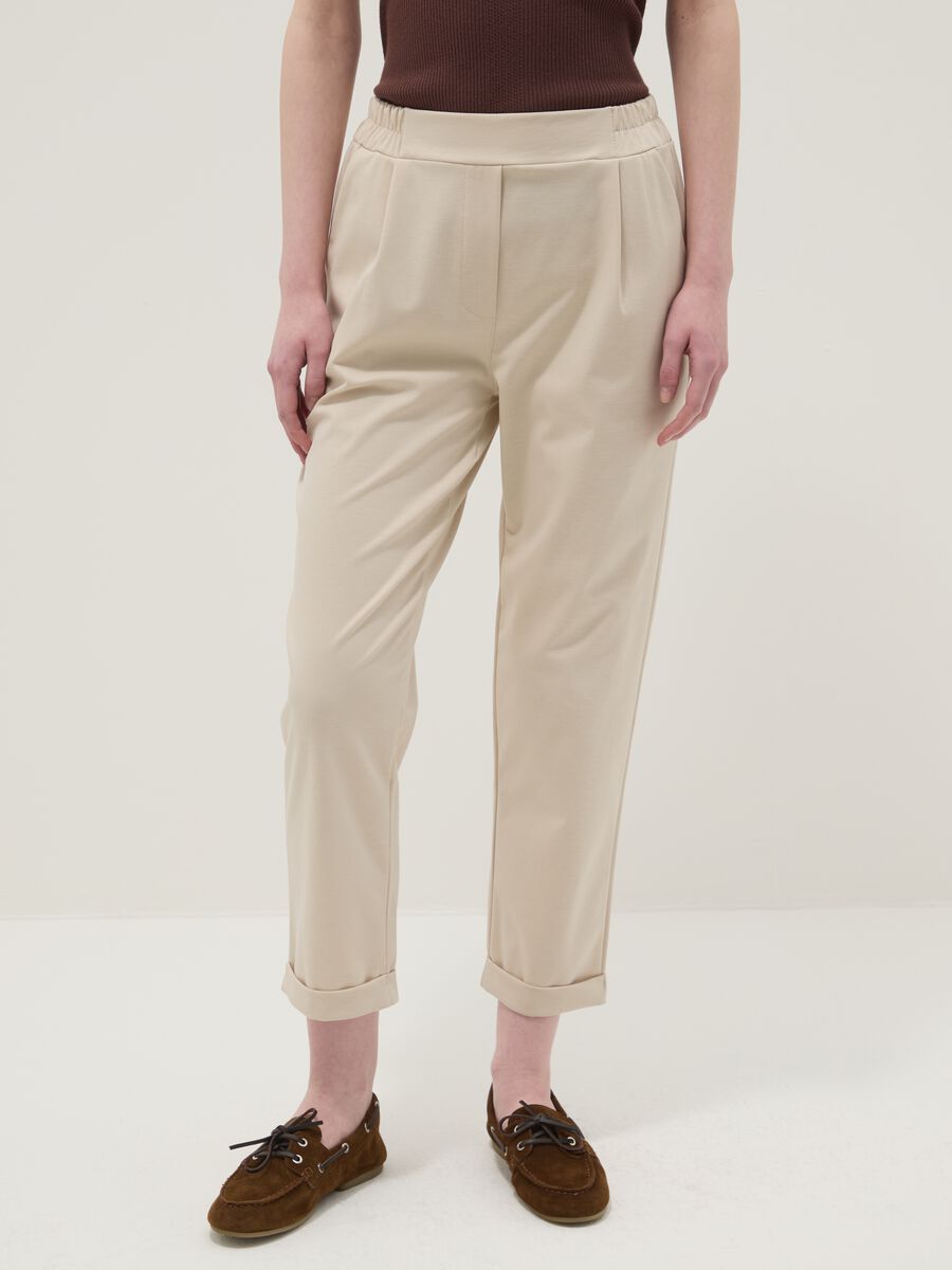 Beige Stretch Cotton Blend Regular Fit Trousers_1