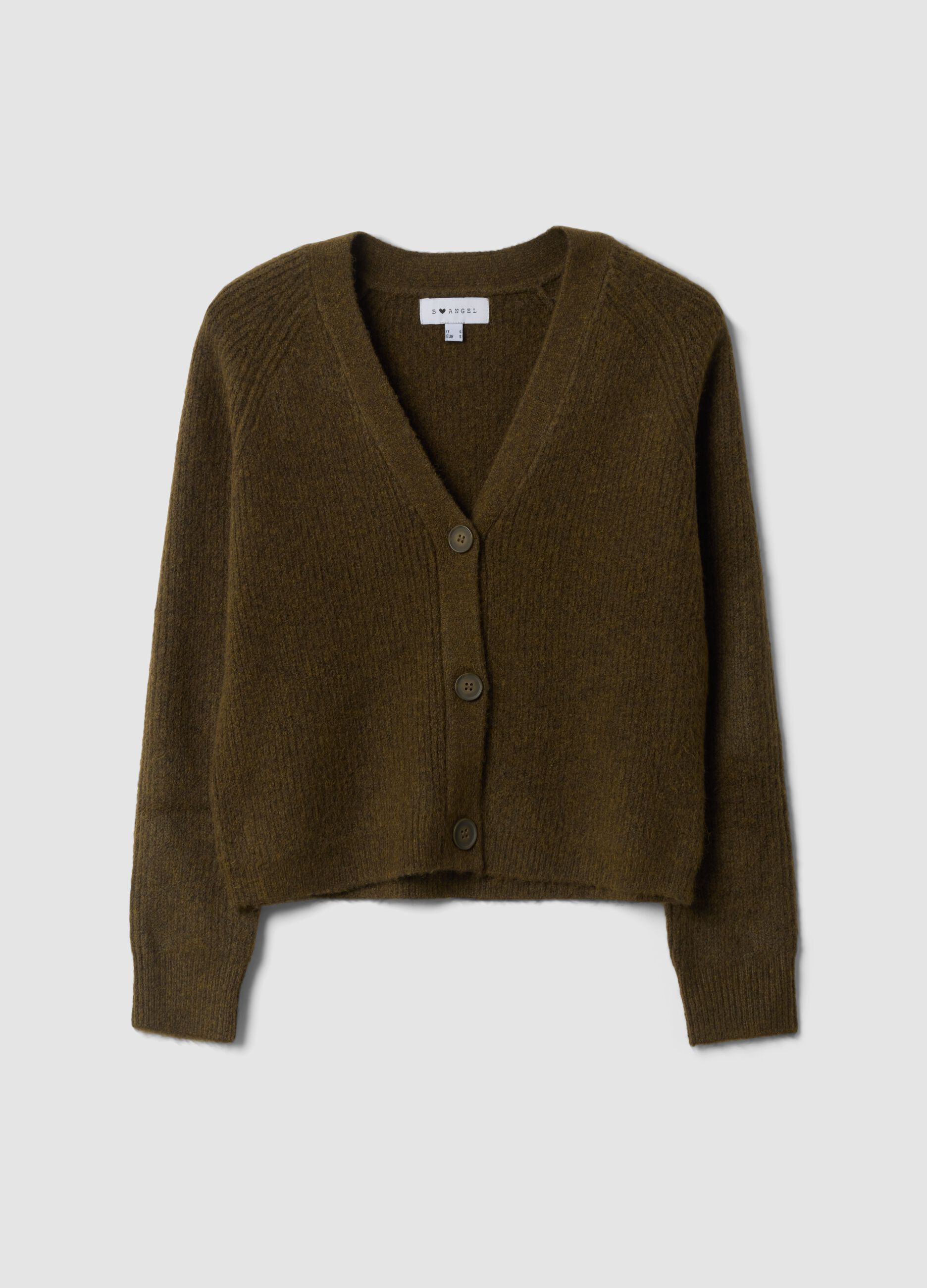 Cardigan verde in lana elasticizzata con scollo profondo a V over fit