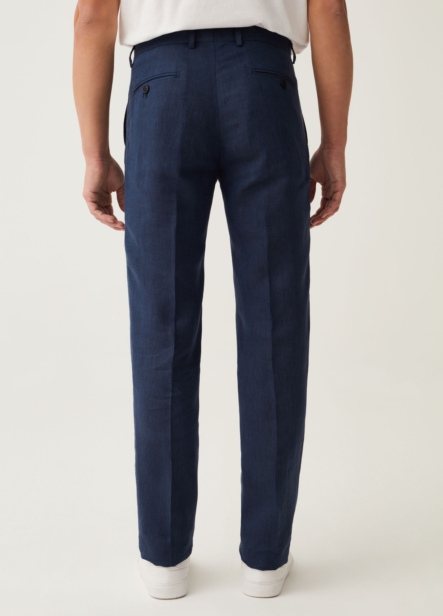 Pantalone slim fit in lino blu navy_2