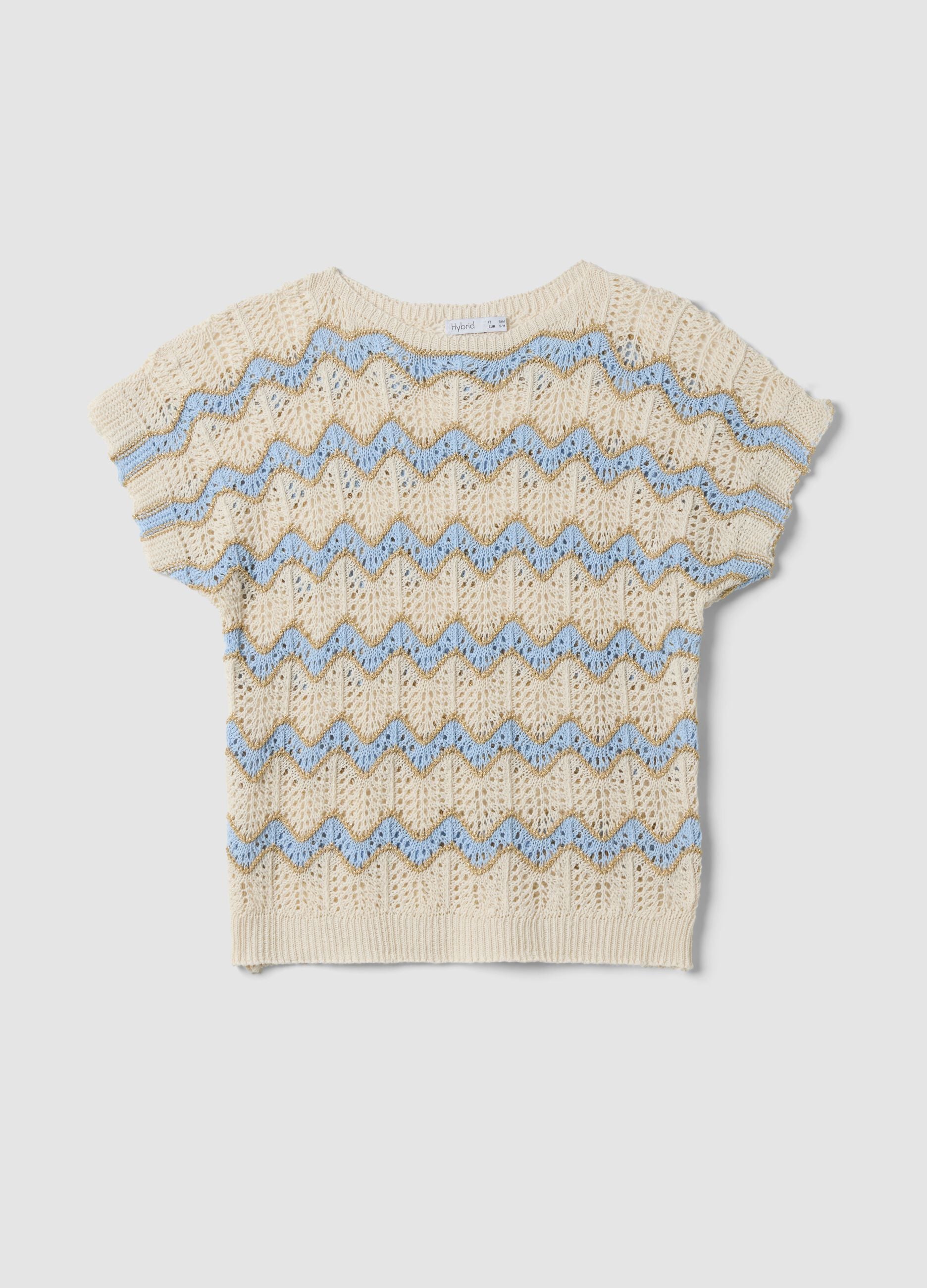 Beige stretch cotton T-shirt with openwork detailing