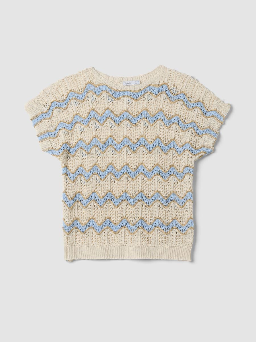 Beige stretch cotton T-shirt with openwork detailing_4