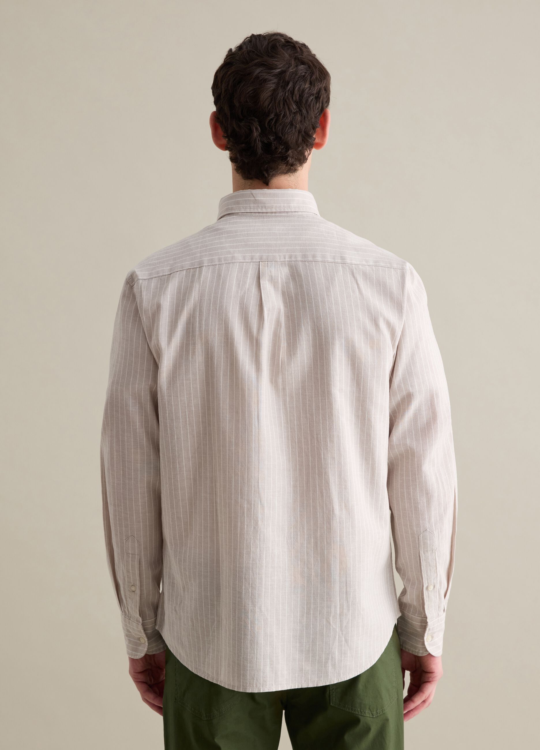 Beige striped regular shirt in cotton and linen