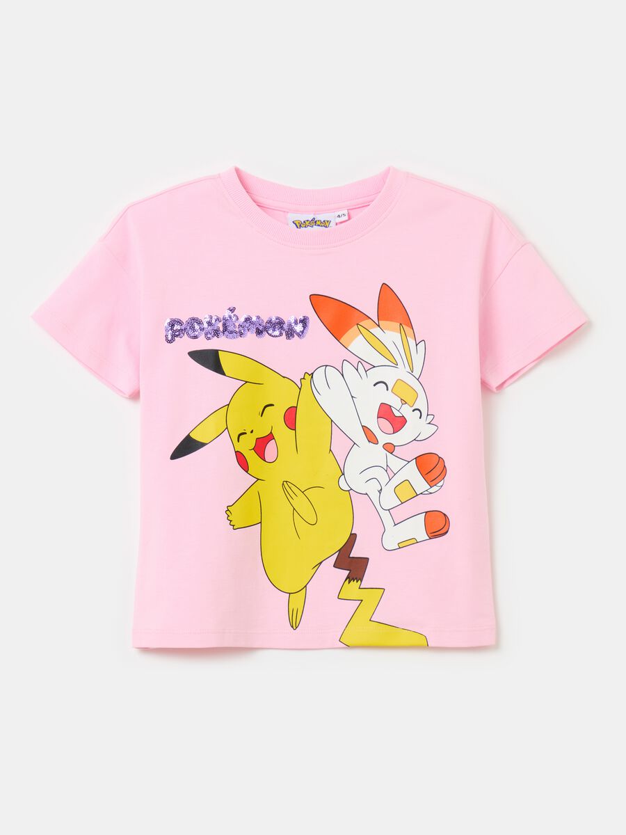 T-shirt crop stampa Pokemon con paillettes_0