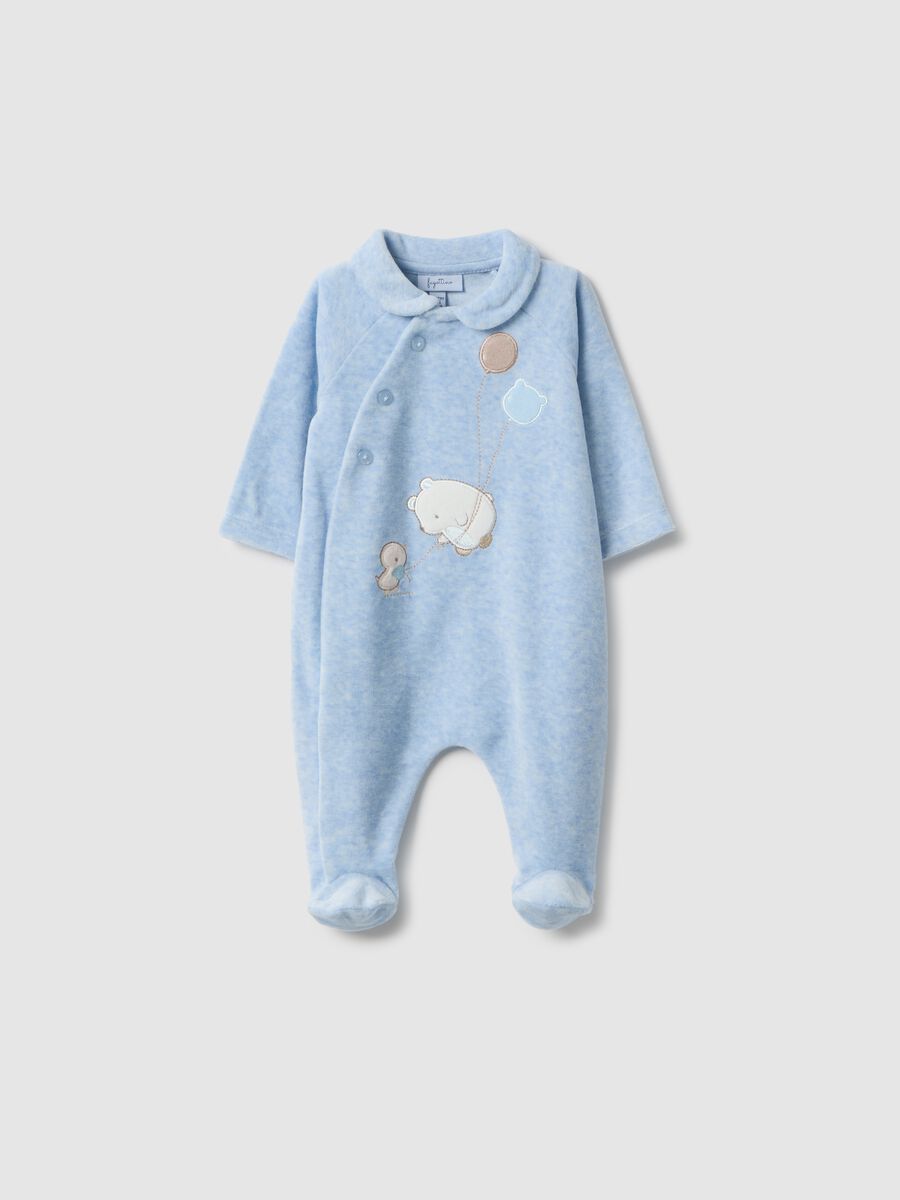 Baby's blue cotton blend romper with snap closure and embroidery_0