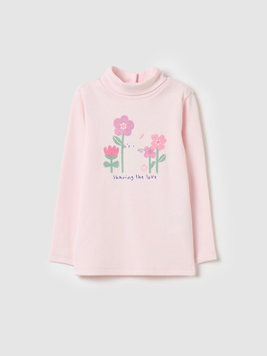 Cotton T-shirt with high neck and print_0