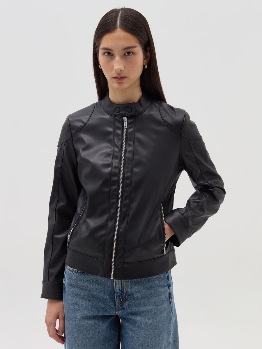 Full-zip biker jacket with buttons on the neck_0