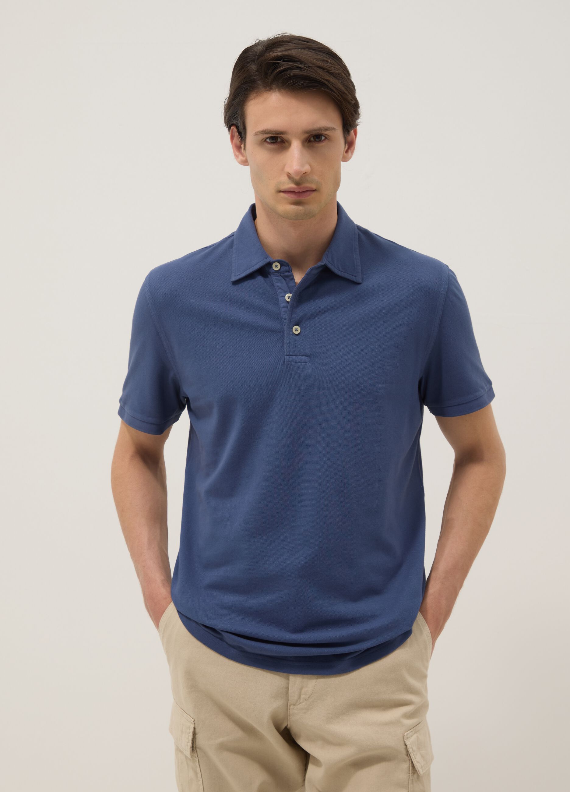 Blue pure cotton slim-fit short-sleeve polo