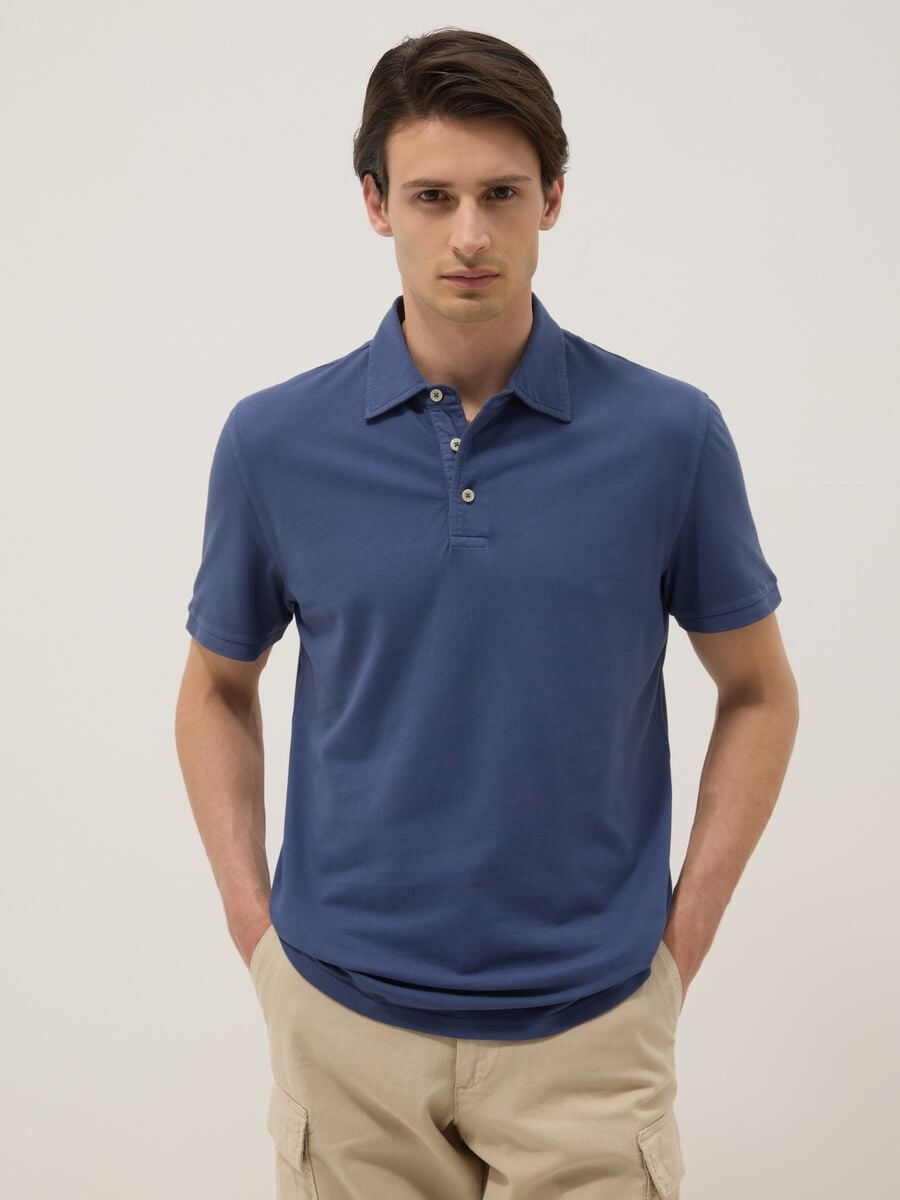 Blue pure cotton slim-fit short-sleeve polo_0
