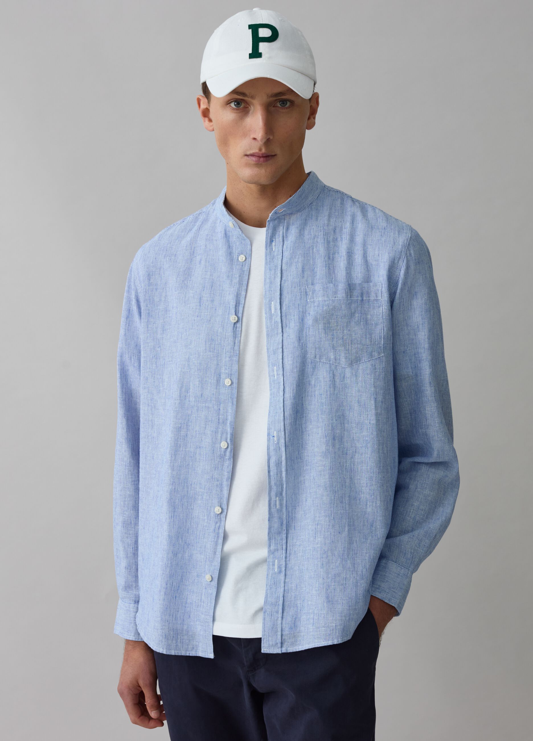 Iridescent-effect cotton and linen shirt