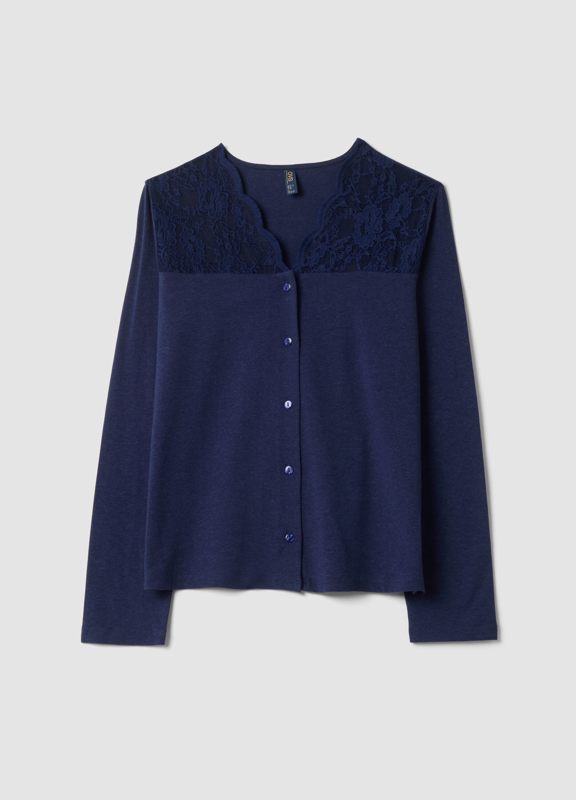 Maglia pigiama blu con scollo a V in cotone, lyocell e lana elasticizzata