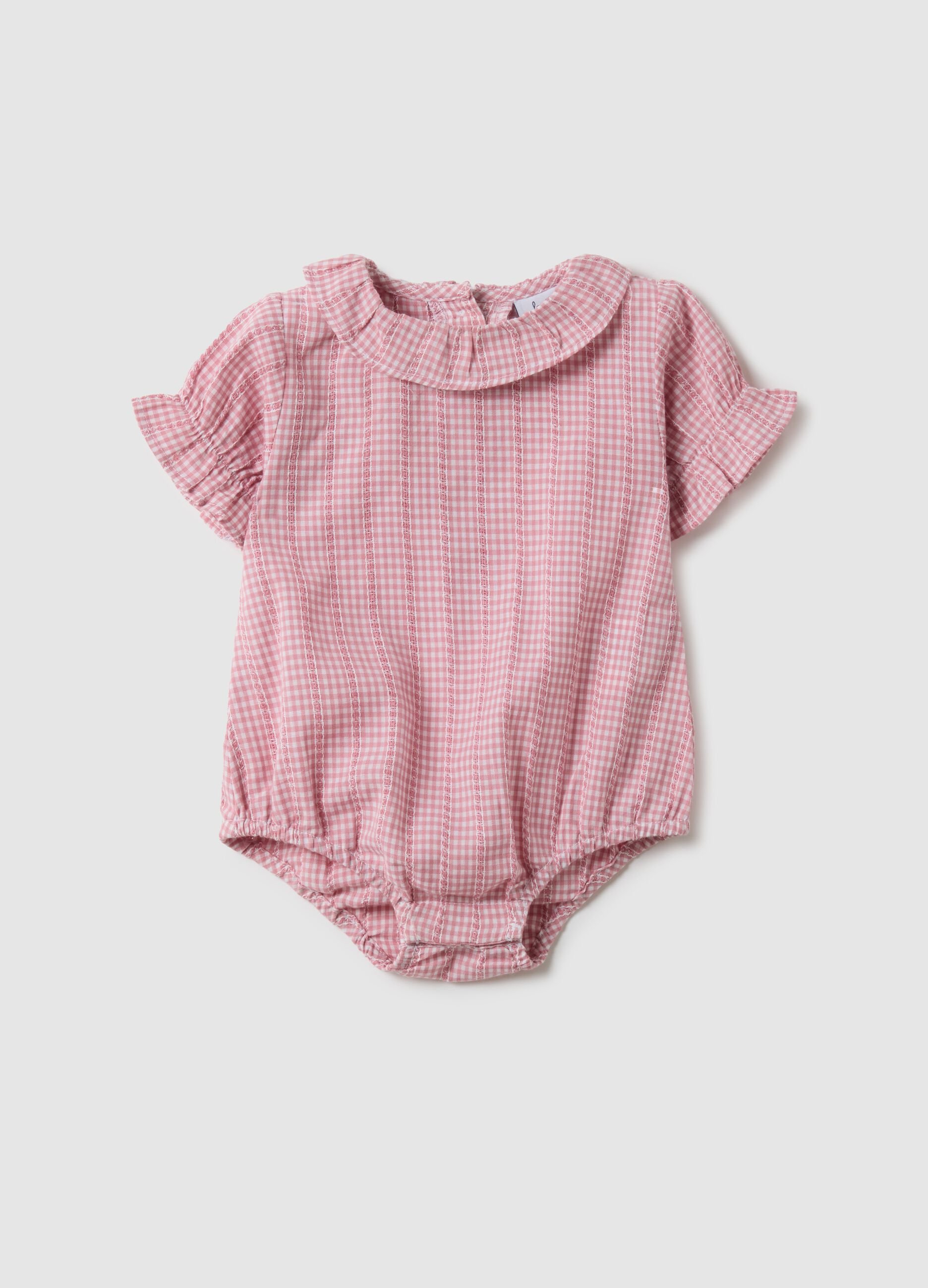 Multicoloured check cotton bodysuit for baby girls with ruffle collar
