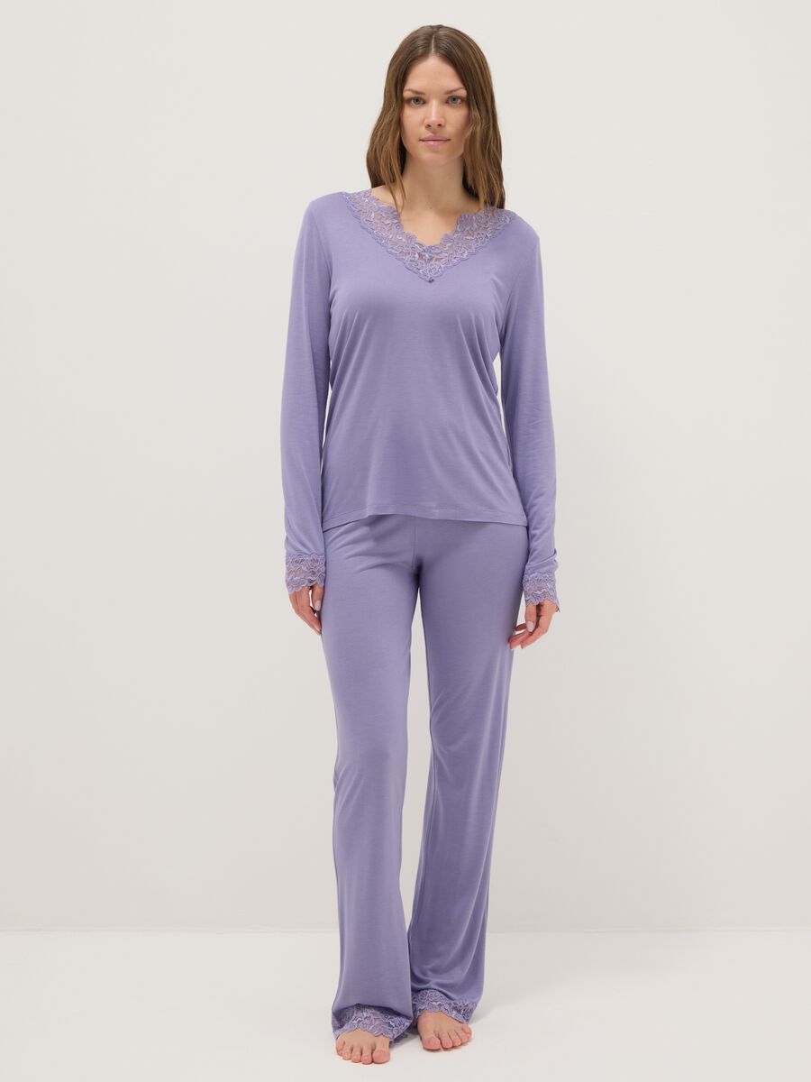 Purple pyjama trousers regular fit with lace details_0