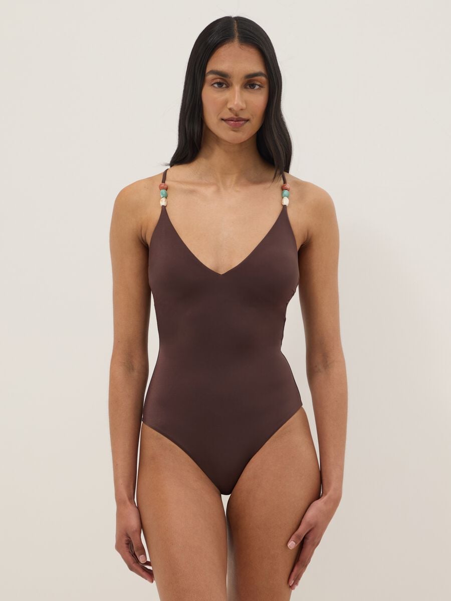 Brown stretch swimsuit with embellished straps_0