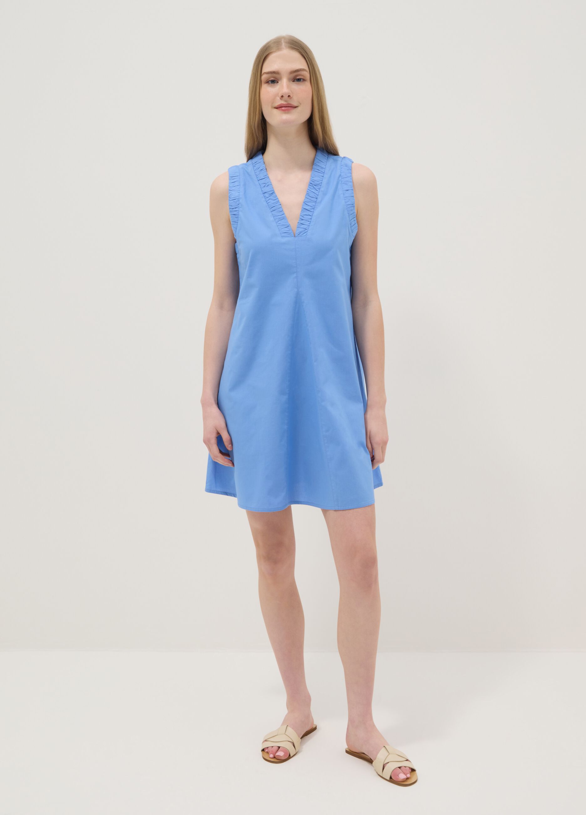 Light Blue Pure Cotton Regular Mini Dress with Ruched V-Neck