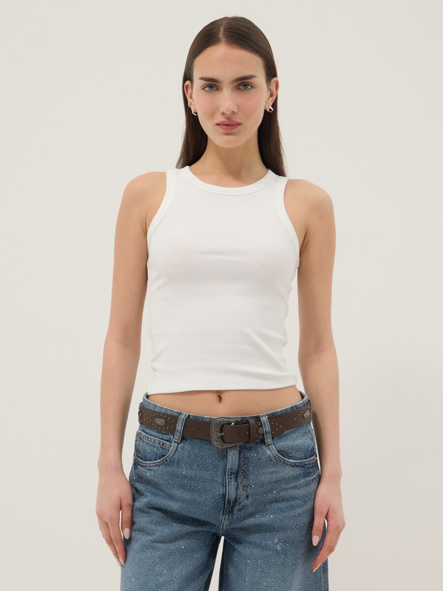White ribbed fitted stretch-cotton tank top_1