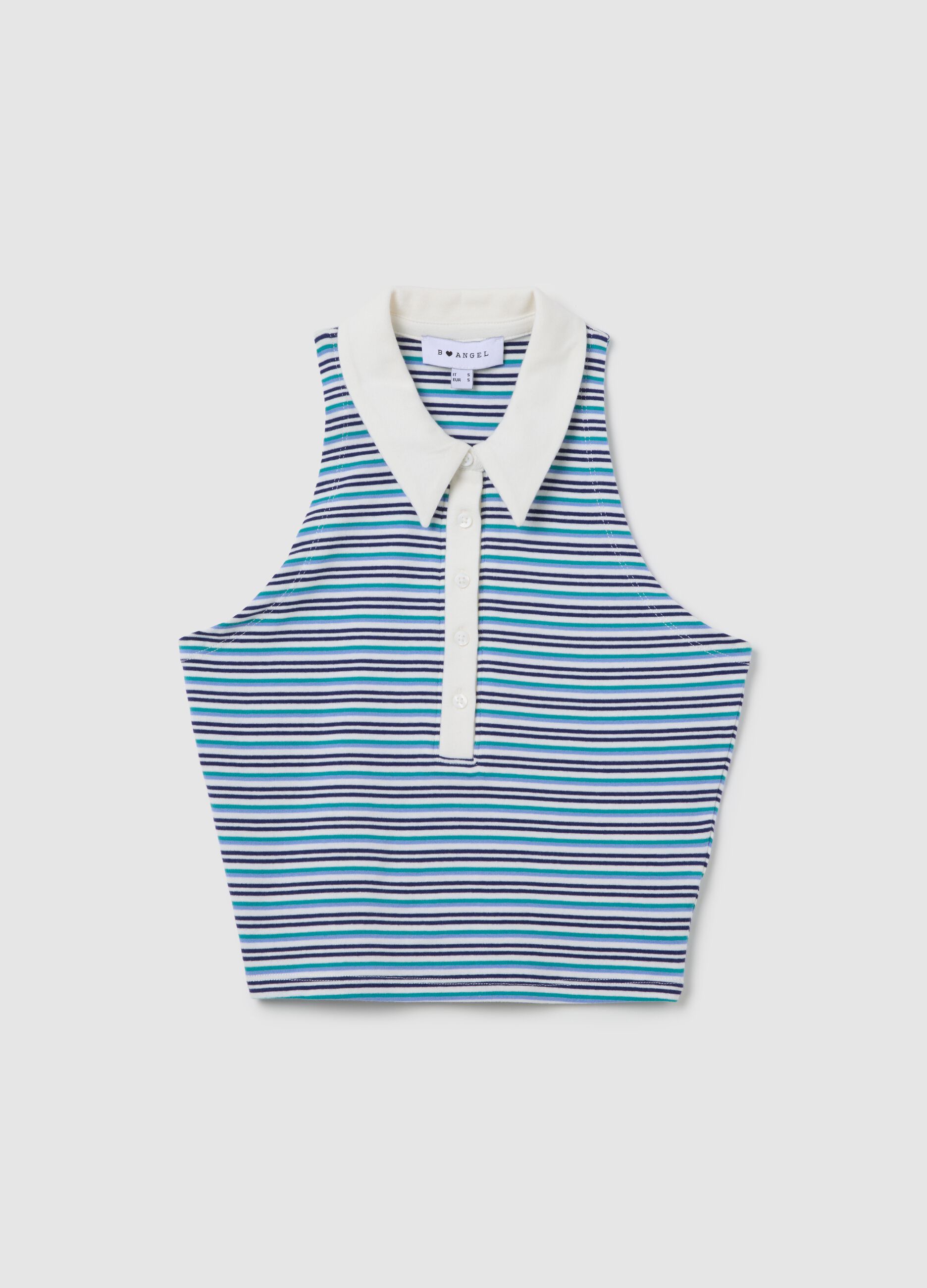 Sleeveless Polo with Multicolour Stripes in Stretch Cotton