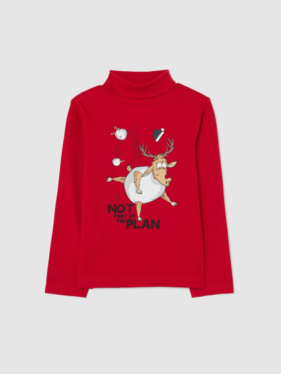 Red pure cotton regular fit kid's t-shirt with reindeer_0