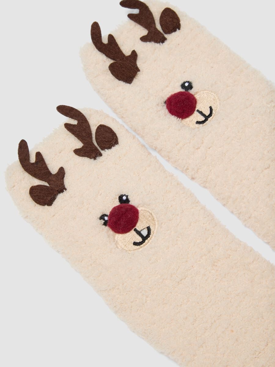 Beige stretch-fabric socks with reindeer motif_1