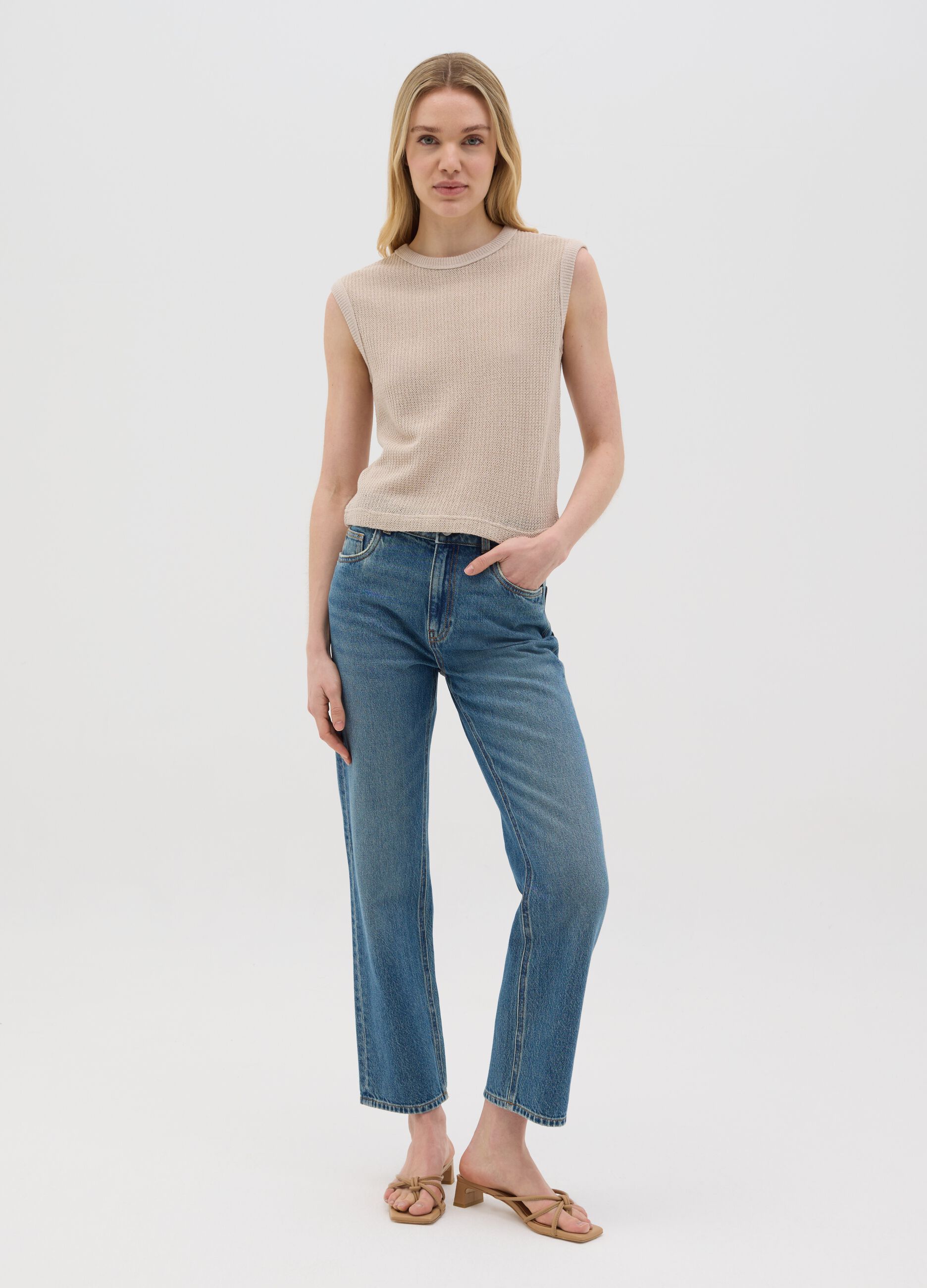 Canotta da donna in puro cotone beige regular fit