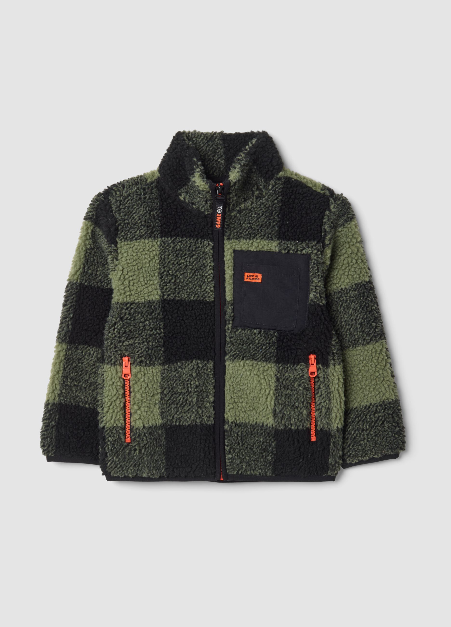 Green and black check sherpa sweatshirt with zip, oversized fit